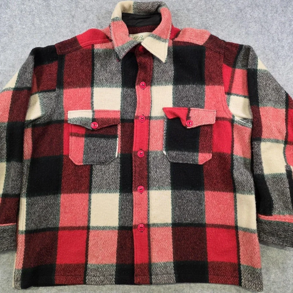 VTG 70s? LL Bean Jacket Mens XL Red Plaid Wool Flannel 552B Script Heavy Hunting